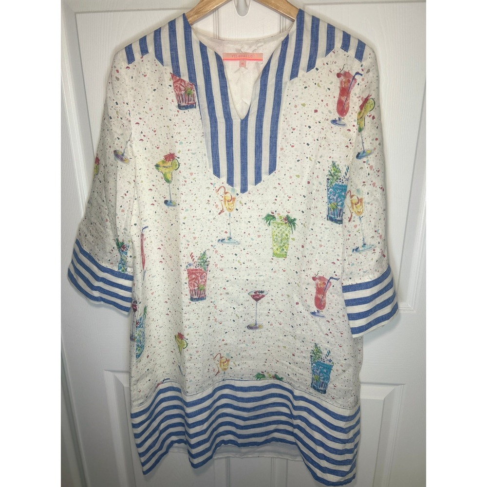 Vilagallo Linen Tunic Dress 46 XL White Blue Stripe Cocktail Print V Neck